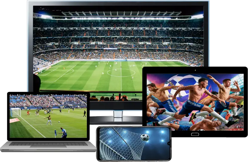 Promotional image of Typhoon Labs IPTV displaying football matches on multiple devices including a TV, laptop, tablet, and smartphone, emphasizing high-quality streaming and wide channel selection.